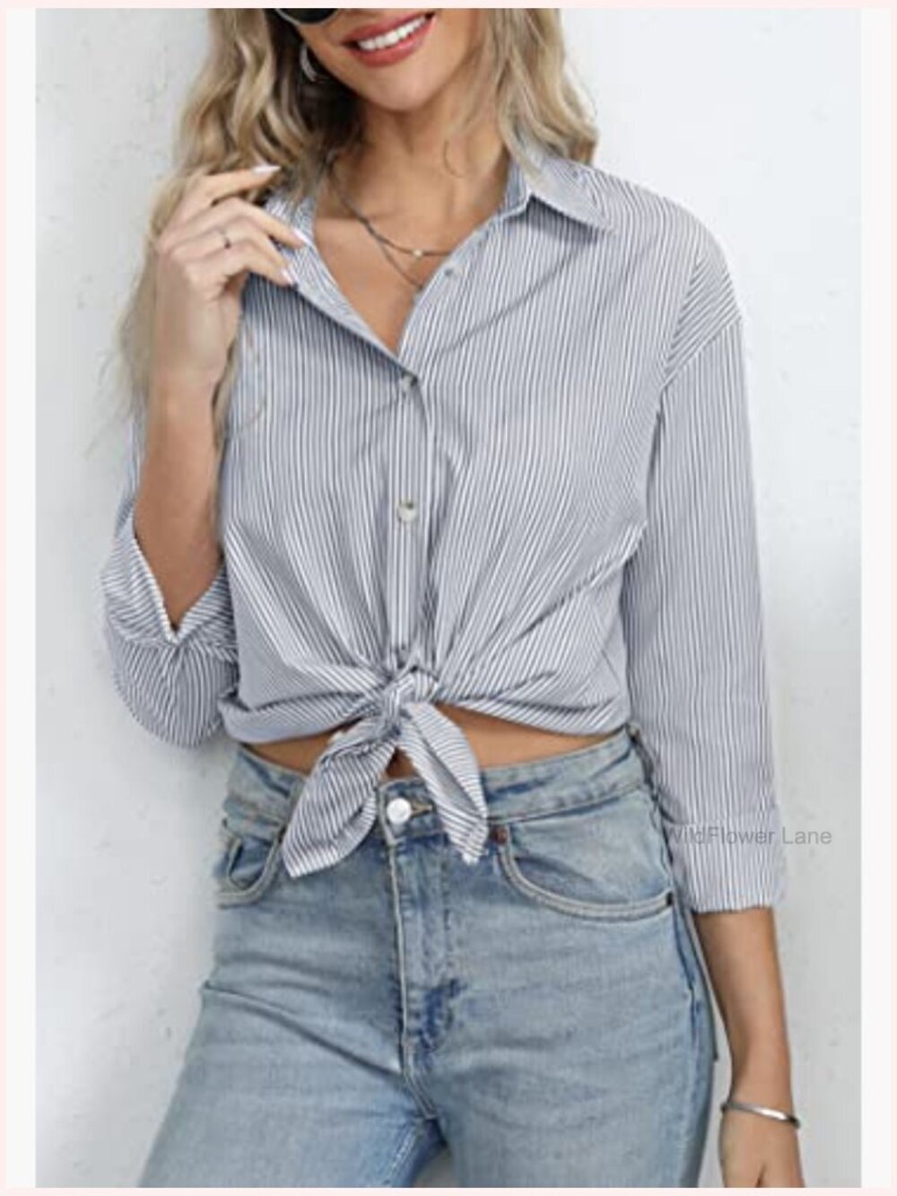 Classic Striped Button Down Shirt Long Sleeve Office Work Blouse Top - Picture 2 of 7